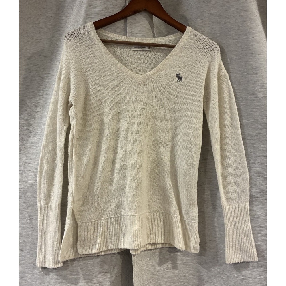 Vtg Abercrombie & Fitch Womens S Wool Blend V-Neck Sweater Beige Y2K Logo